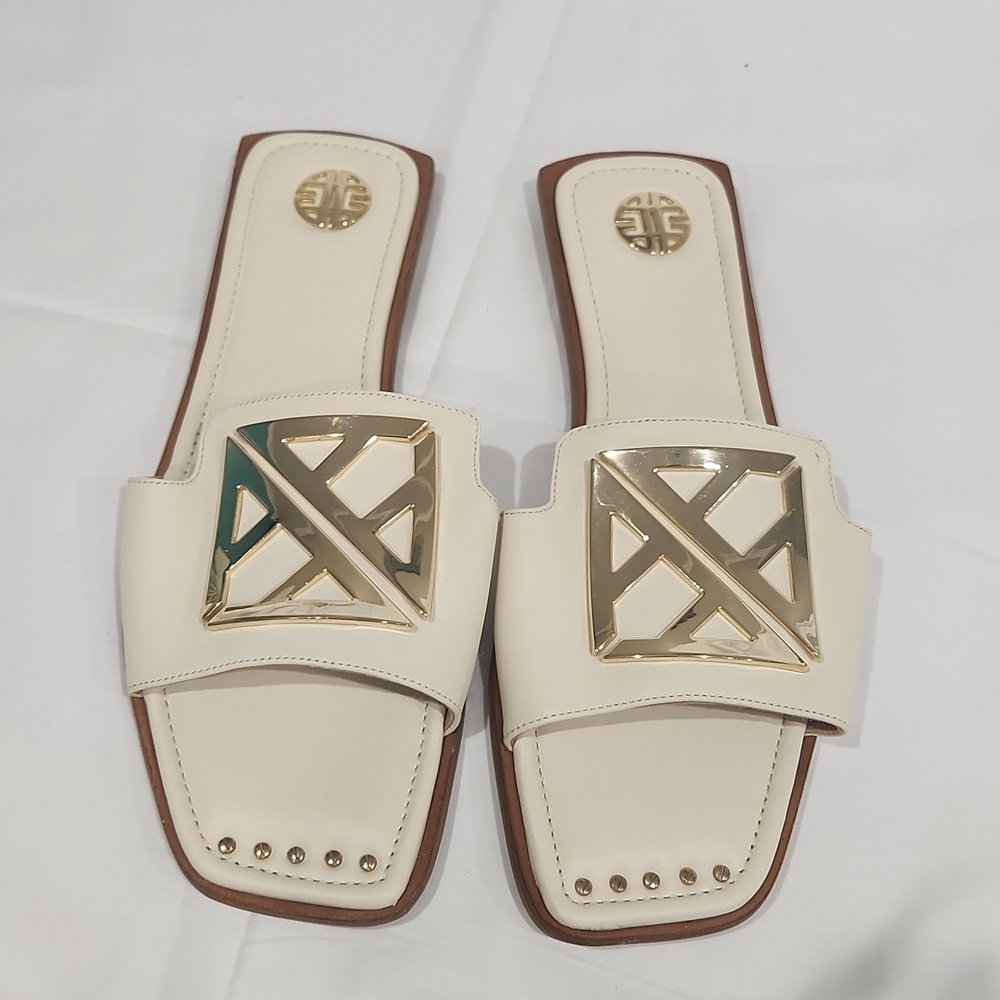 Aidyn Leather Hardware Ornamented Flat Slides Size 7.5